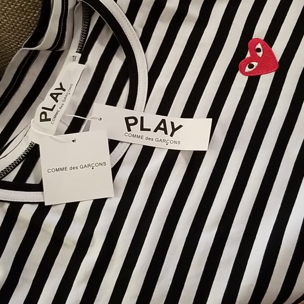 Comme des Garcons PLAY Women’s Black & White Striped Tee with Red Heart Patch